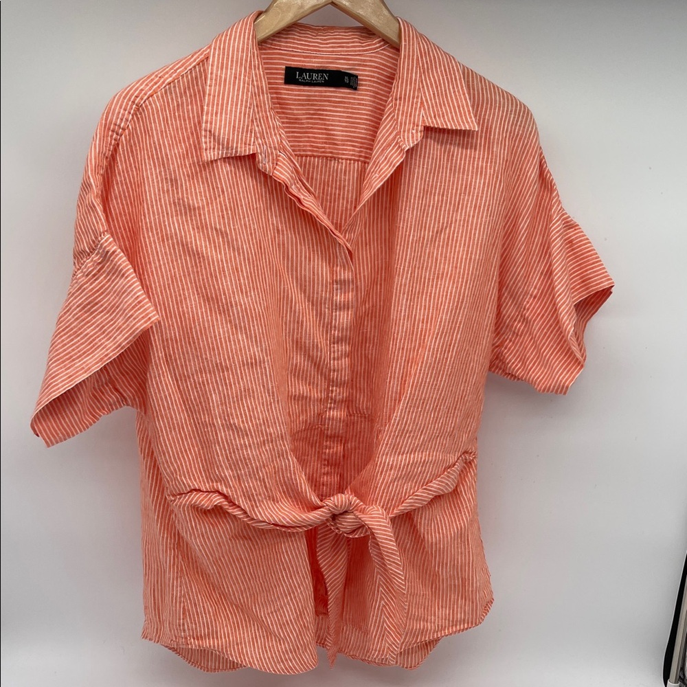 Ralph Lauren Black Label Orange Striped Button Down Shirt Tie Front Women XL